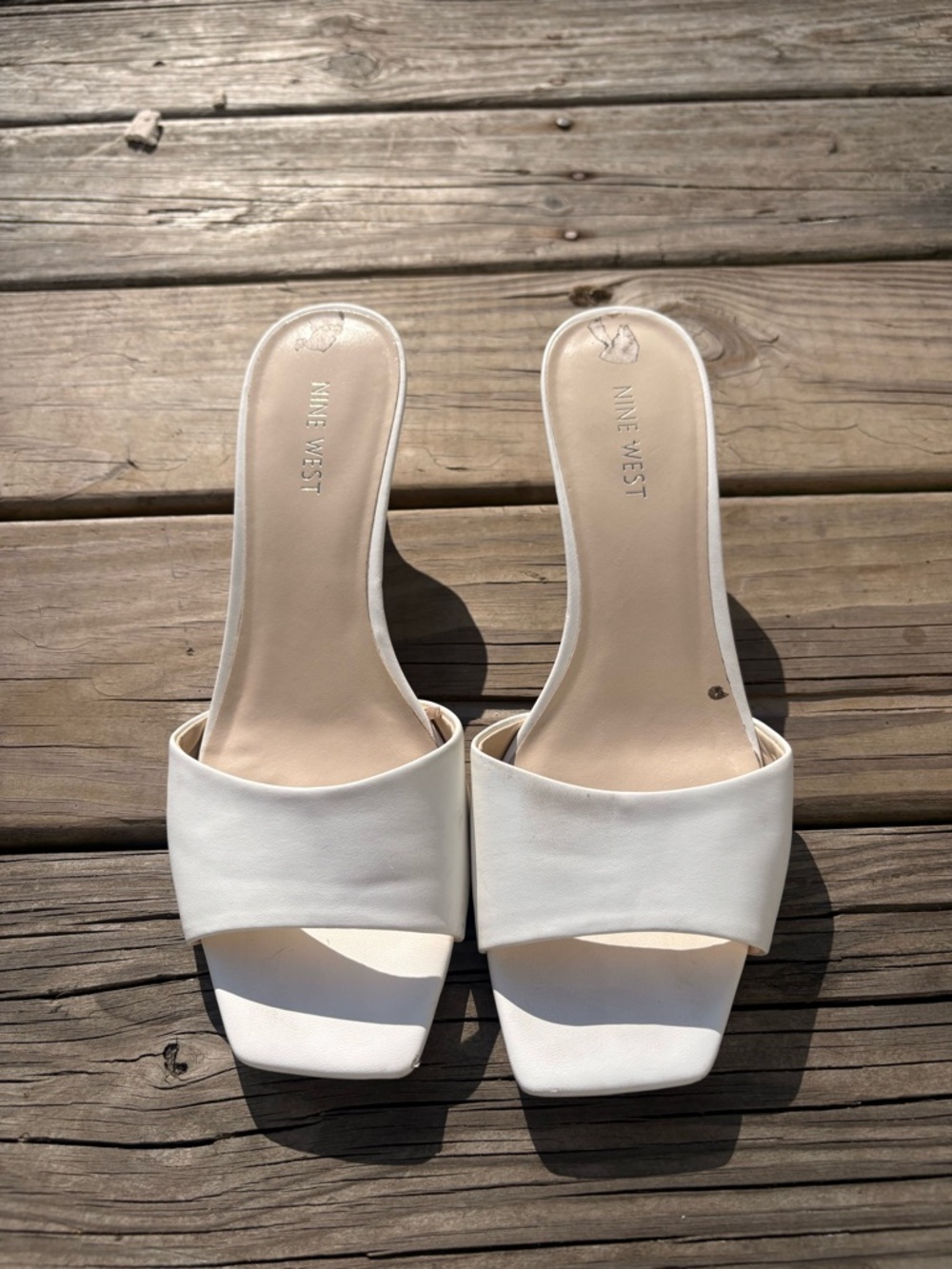 Nine West White Square Toe Slide Mules